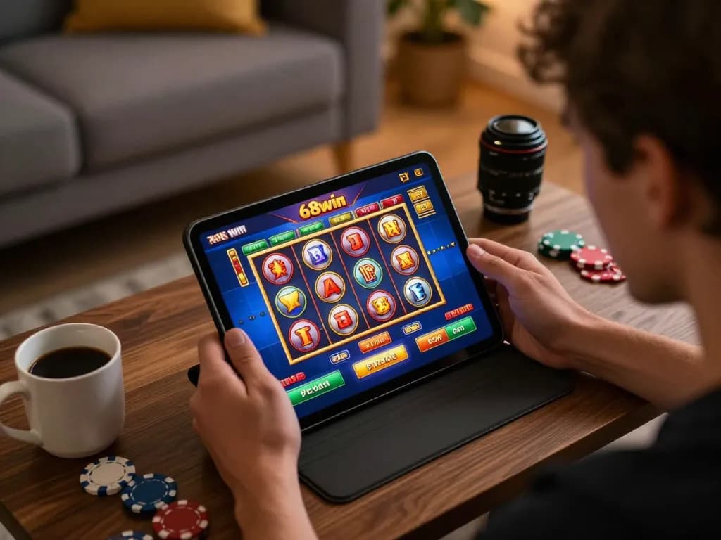 Engaging player enjoying a slot game on 68win platform at home, showcasing a dynamic online gambling experience