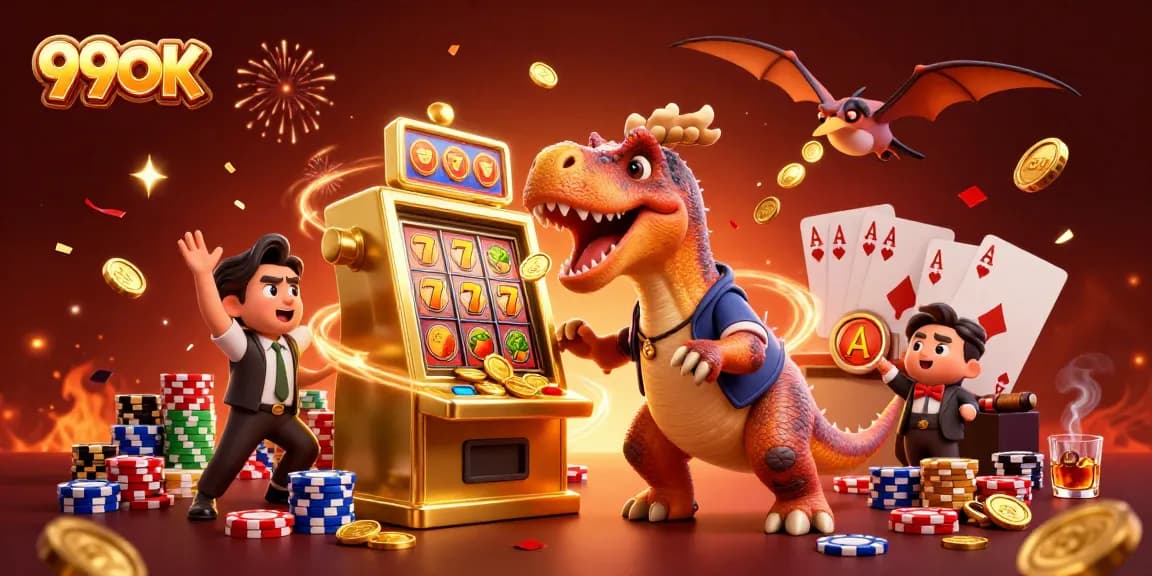 Experience the thrill of 99OK with a chaotic scene of a dinosaur slot machine jackpot celebration.