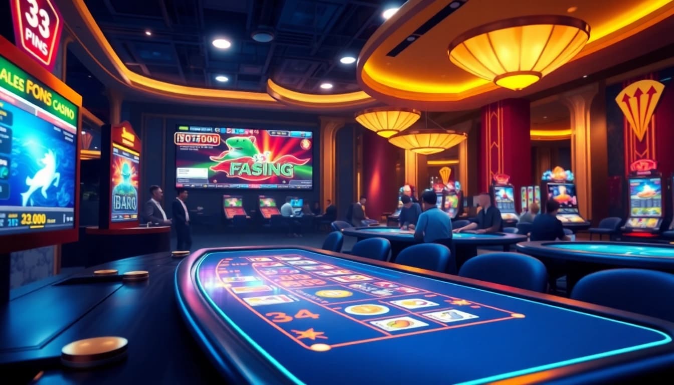 Online casino gaming scene at https://33win.global/ featuring baccarat, sports betting, and fishing games.
