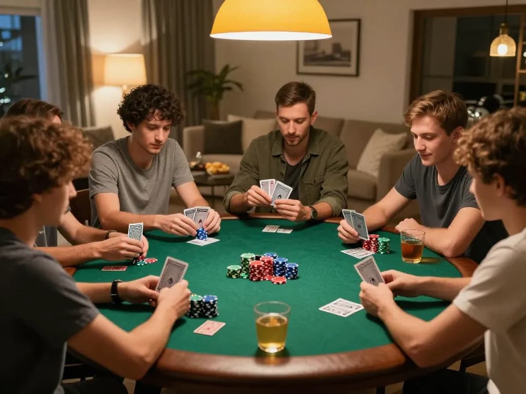 Friends engaged in a thrilling poker game at home, capturing the essence of vvvwin's social gambling experience.