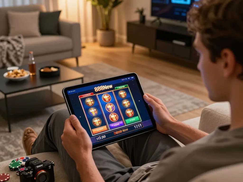Engaging in online gaming with the 888New app on a tablet, showcasing a cozy home setup.