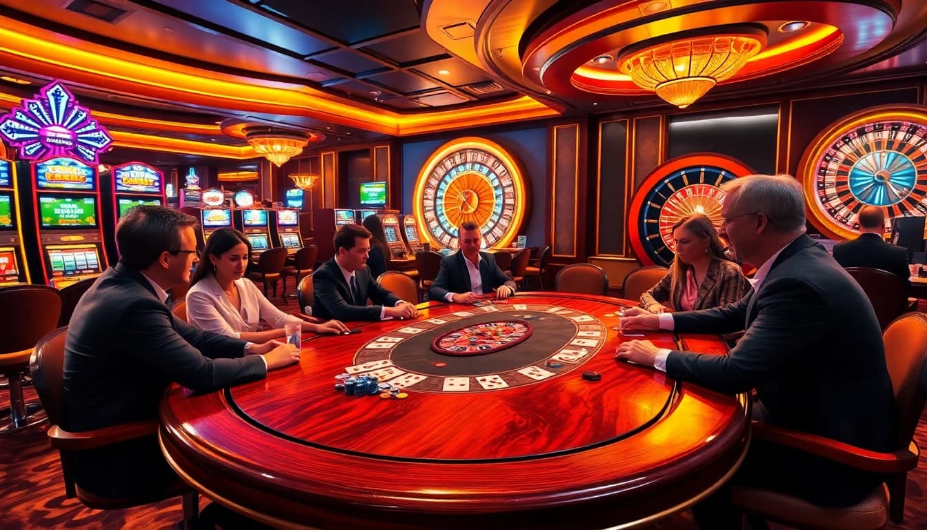 Experience the excitement of Casino bomwin with players at a vibrant poker table in a luxurious casino.