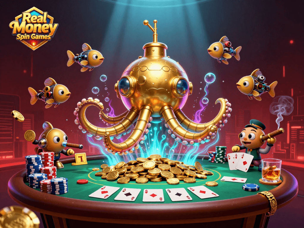 Experience Real Money Spin Games with a lively submarine and poker scene filled with dynamic elements.