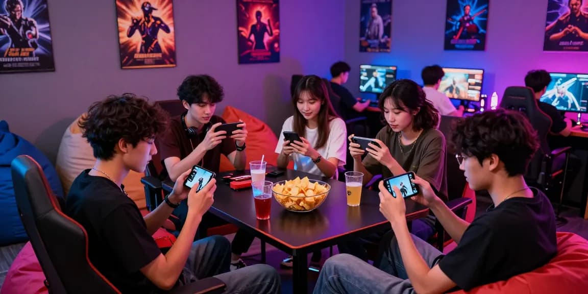 Play games with friends in a vibrant gaming lounge filled with snacks and colorful lights.