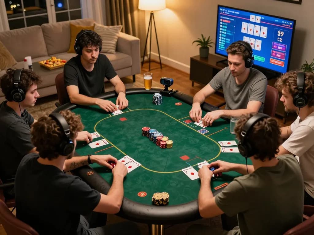 Players enjoying an online poker game at home, showcasing RIKVIP's engaging gameplay environment.
