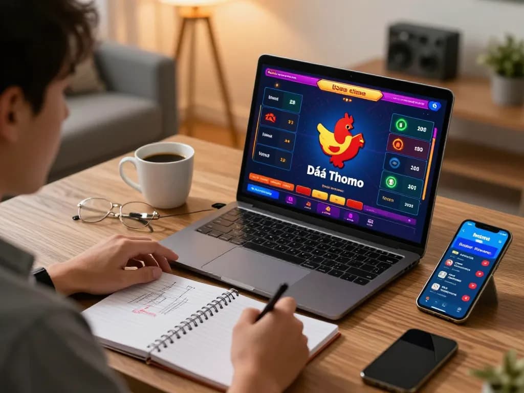 Engaging in Đá gà thomo live streaming on a laptop, with betting interface and strategy notes.