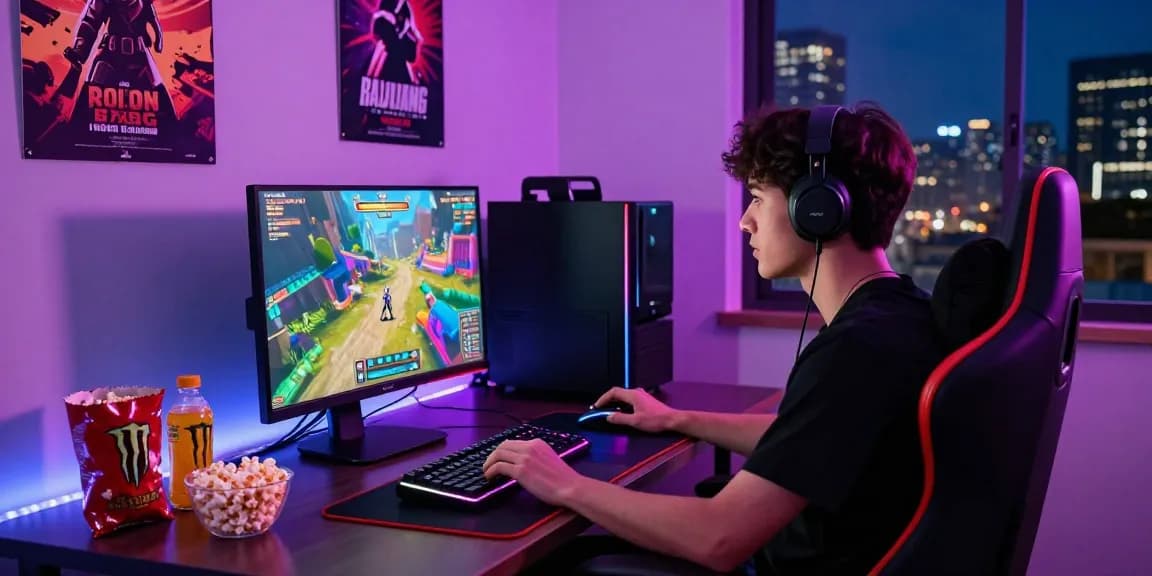 Raja Game login scene featuring a gamer at a desk with colorful graphics, gaming gear, and an urban skyline at night.