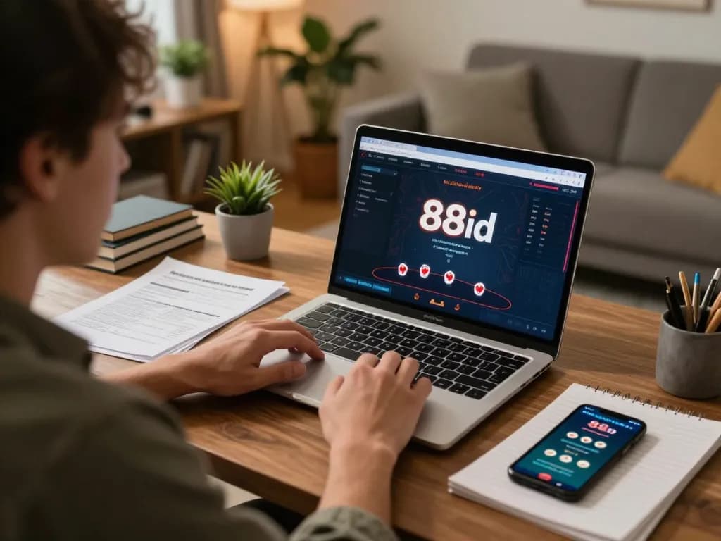 Pemain terlibat dalam poker online melalui platform 88id, memperlihatkan lingkungan permainan strategis dengan catatan dan aplikasi.