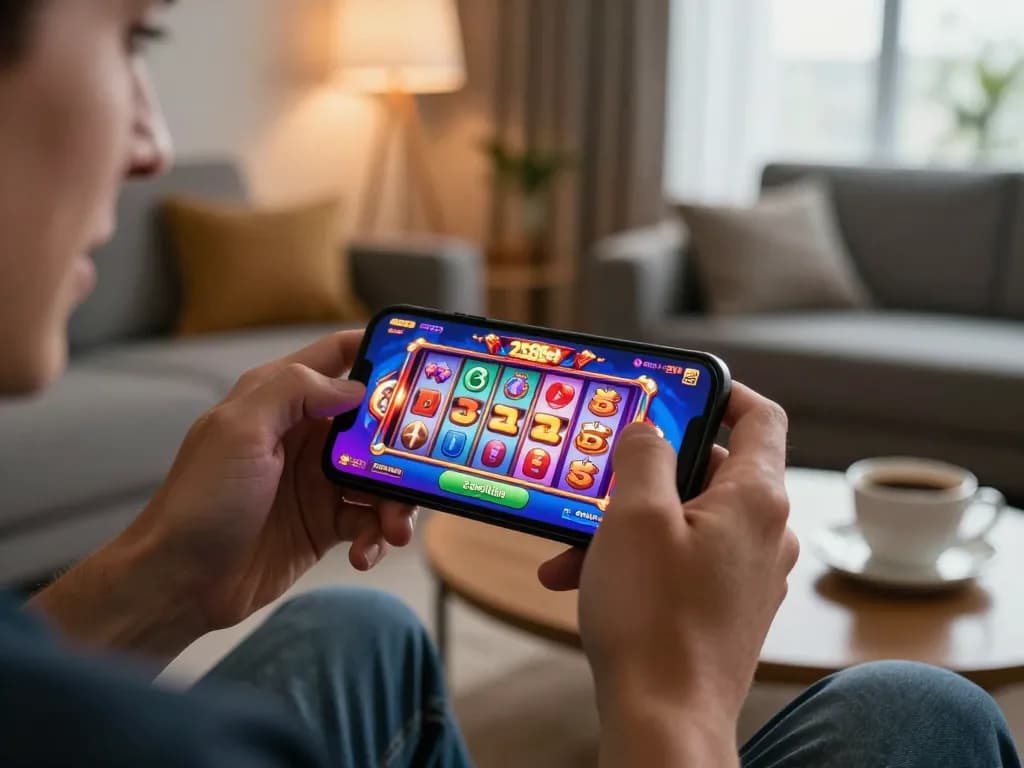 Player enjoying the thrilling 258bet gaming experience on a smartphone in a cozy setting.