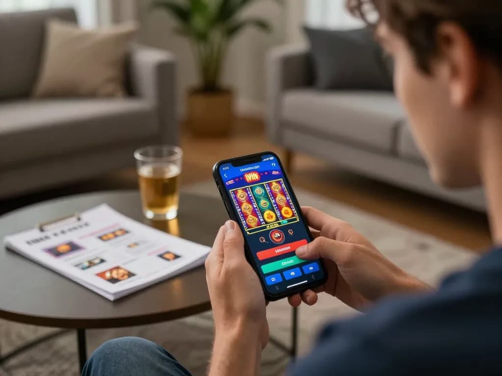 IWIN player enjoying engaging online slot gameplay on a smartphone in a cozy home setting