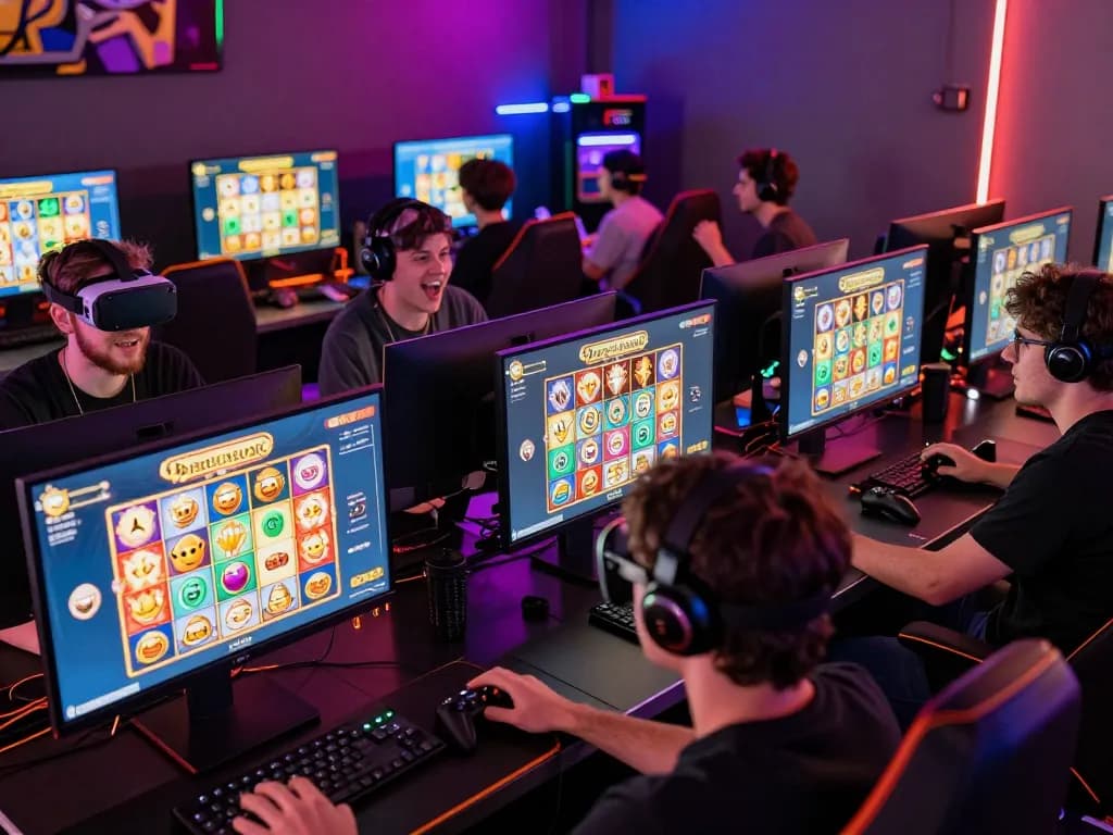Playful players enjoying Barcaslot's digital slot games, surrounded by vibrant lighting and engaging interfaces.
