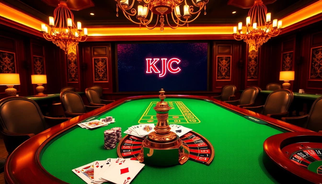 KJC gaming table with poker chips and roulette wheels in a luxurious casino setting.