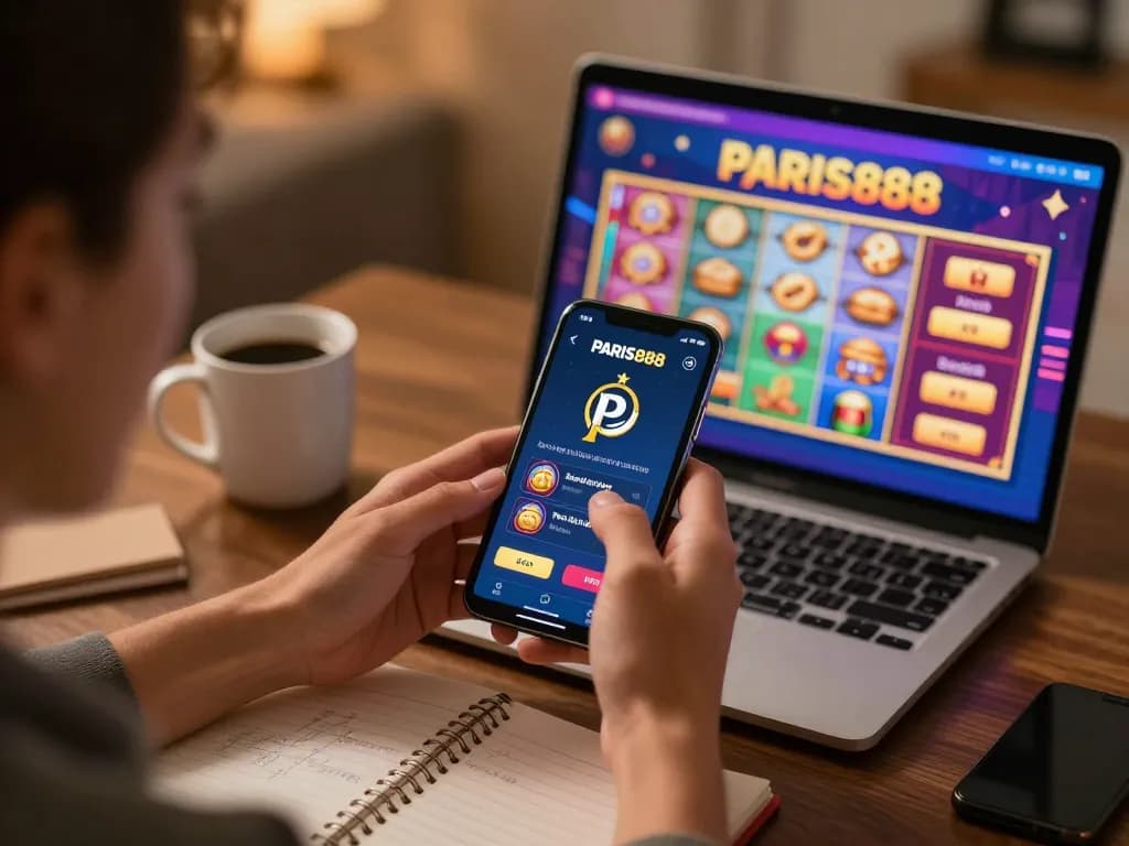 Experience the thrill of online gaming with Paris888 on a smartphone, showcasing lively slot graphics.