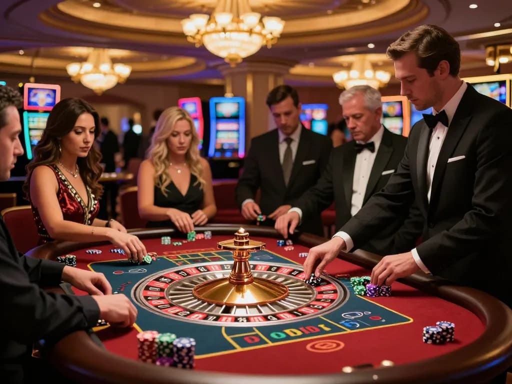 Maine Coast Hemp players excitedly placing bets at a bustling roulette table in a vibrant casino.
