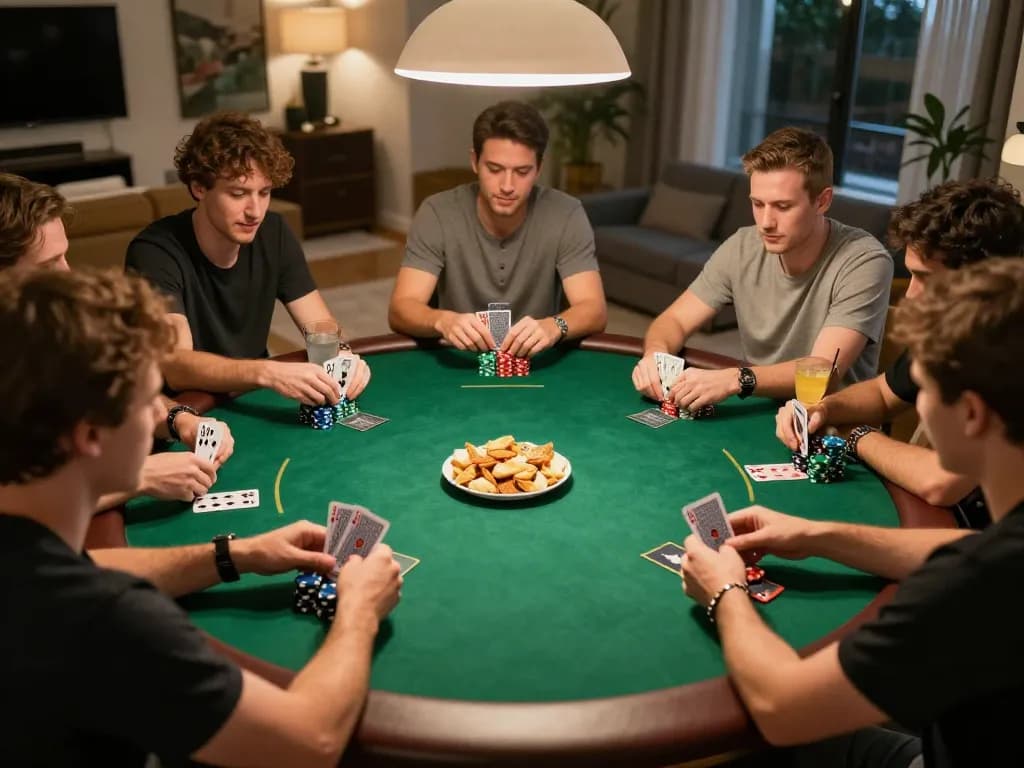 Players engaged in an intense poker game at home, showcasing strategy and fun while connected to ropatendidafanzine.
