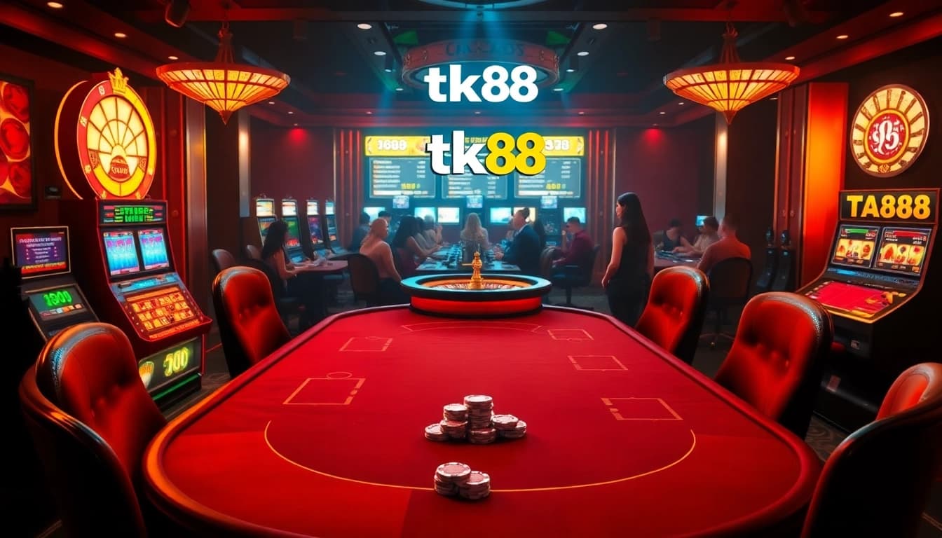 tk88 players enjoying high-stakes poker and casino games in a luxurious environment