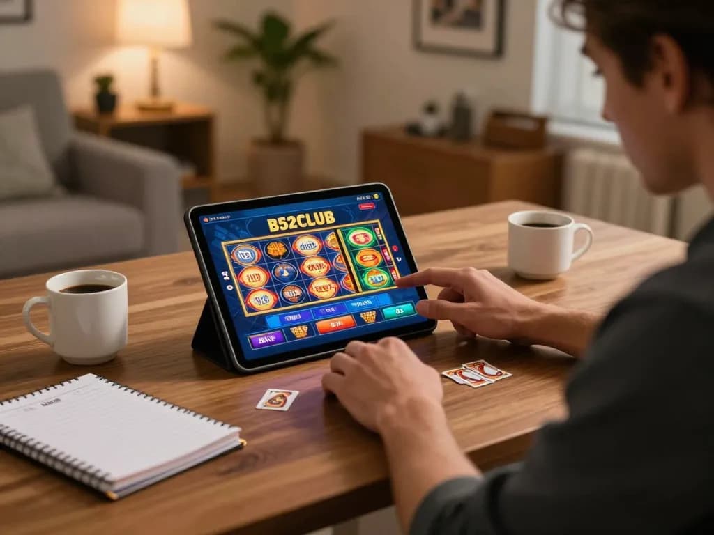 Engage with B52CLUB online gaming slots and poker in a cozy living room environment
