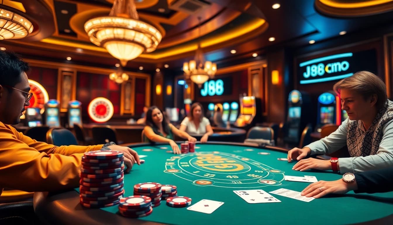 Experience high-stakes gambling with J88's vibrant poker table action and luxurious casino elements.