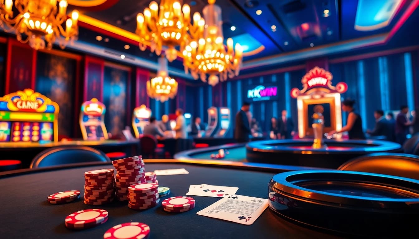 Kkwin casino scene featuring vibrant poker chips, cards, and an illuminated roulette table, showcasing the excitement of gambling.
