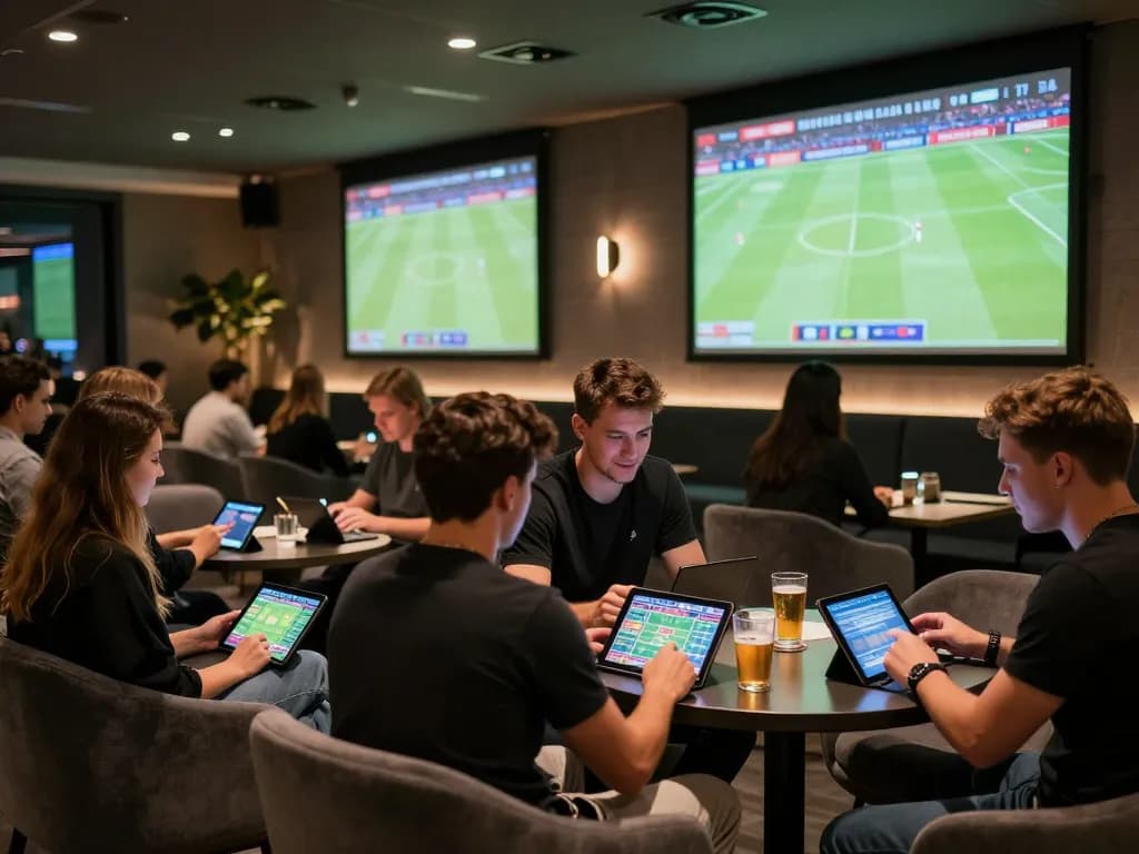 Fans engaging in Bundesliga betting at GO8 with tablets displaying odds and predictions
