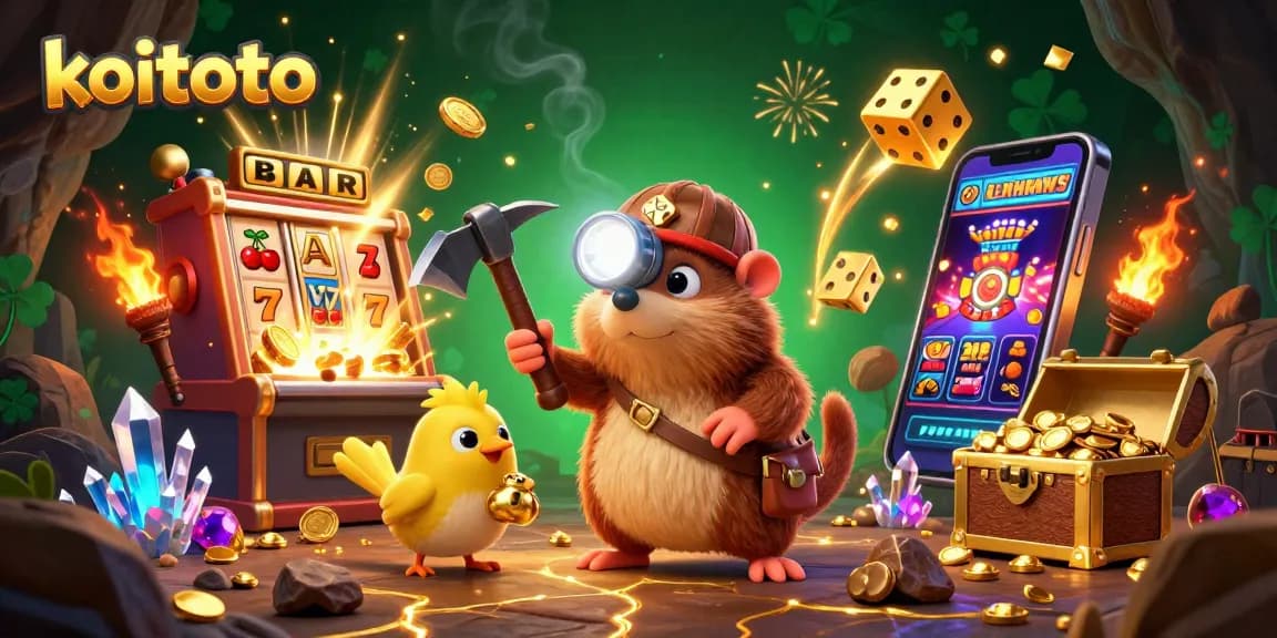 Koitoto action scene featuring a cartoon treasure hunter mole and canary collecting jackpots in a vibrant casino