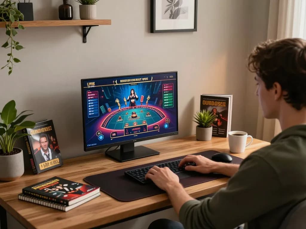 Player strategizing with bk8 at a modern home gaming setup, showcasing engaging online casino interface.