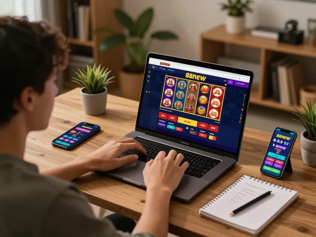 Engaged player using 88new online casino platform on laptop in a cozy home setting