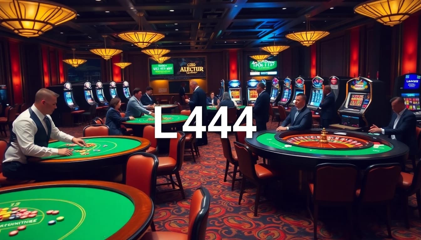 Exciting casino atmosphere showcasing L444 gaming tables, professional dealers, and vibrant slot machines.