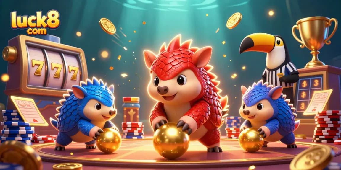 Experience luck8 com in vibrant slot games with pangolins rolling through golden balls and poker chips.