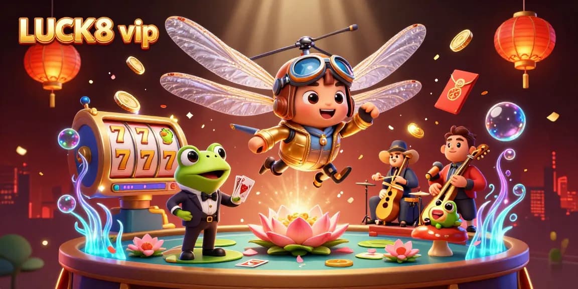Engage with LUCK8 vip at a vibrant lily pad casino featuring a dragonfly pilot and frog croupier.
