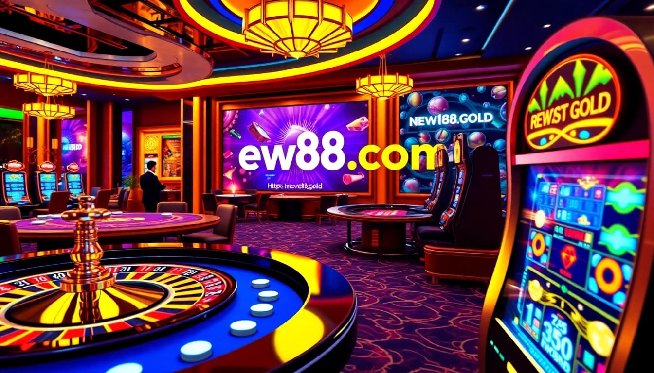 Play at https://new88.gold/ with excitement at a luxurious casino featuring roulette and slot machines.