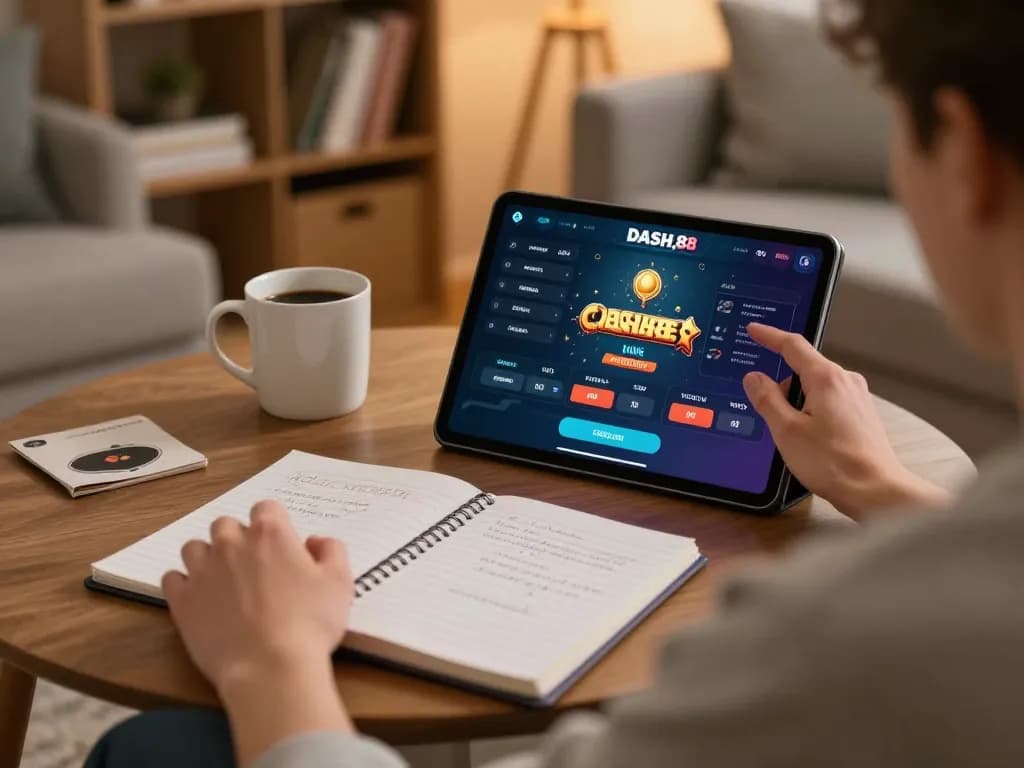 Player enjoying Dash88's casino app on a tablet in a cozy living room setting.