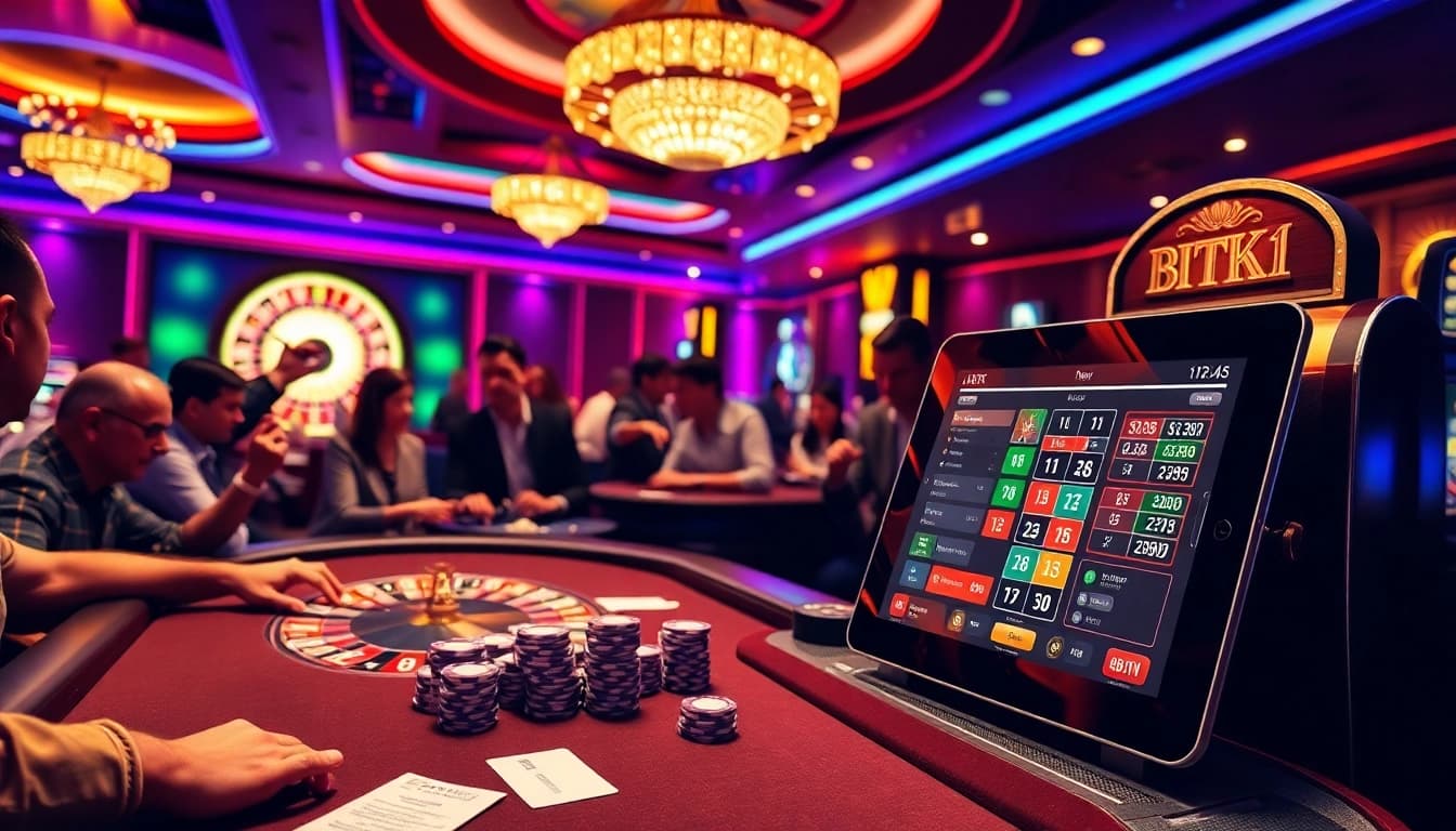 Players winning at a poker table in a vibrant casino scene featuring BDTK1 gaming interface.