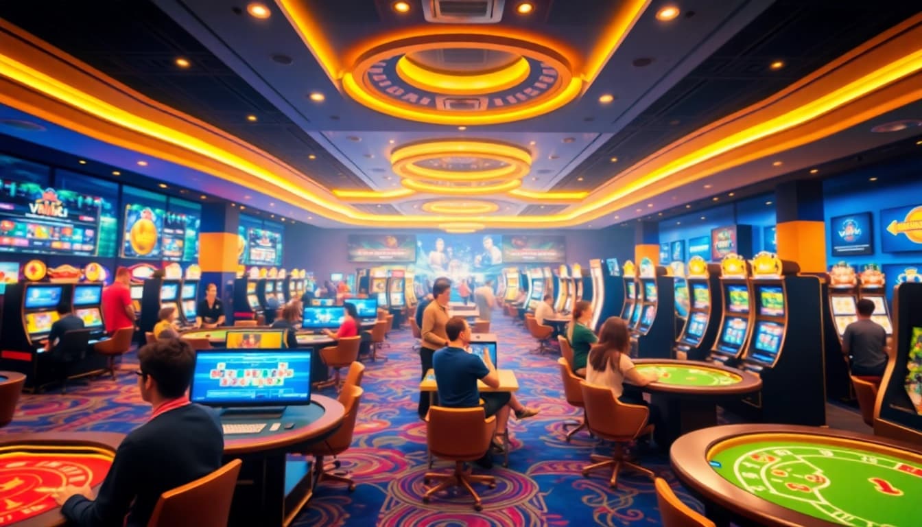 Vibrant V9bet casino scene showcasing engaging gameplay, excitement, and security.