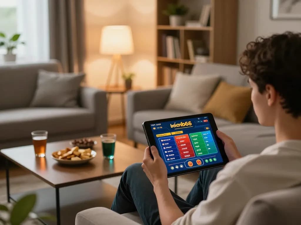 Engaging gaming moment at nhà cái mb66 showing online betting on a tablet in a cozy home setting