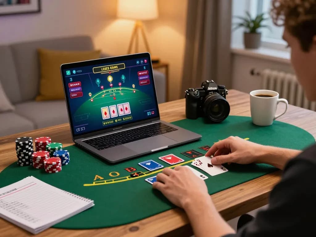 Engaging gameplay of go99 in a cozy online blackjack session on a laptop.
