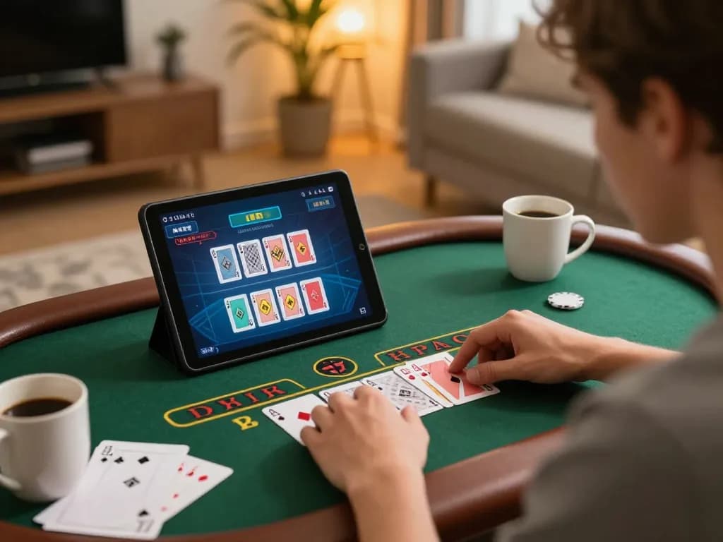 MAX88 live blackjack player strategizing in a cozy home setup with tablet interface.
