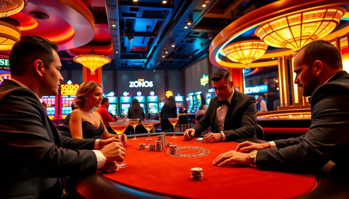 gamblers enjoying a high-stakes game of poker in SODO casino ambiance