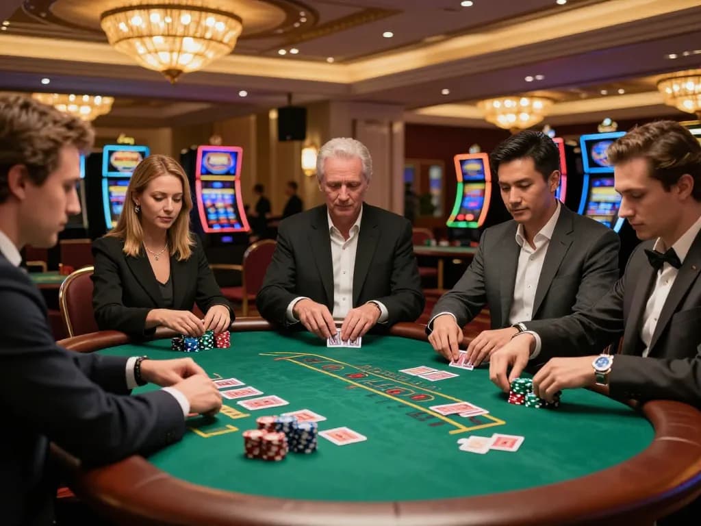 Players engaging at a da88 blackjack table in an elegant casino, showcasing strategic gameplay and high stakes.