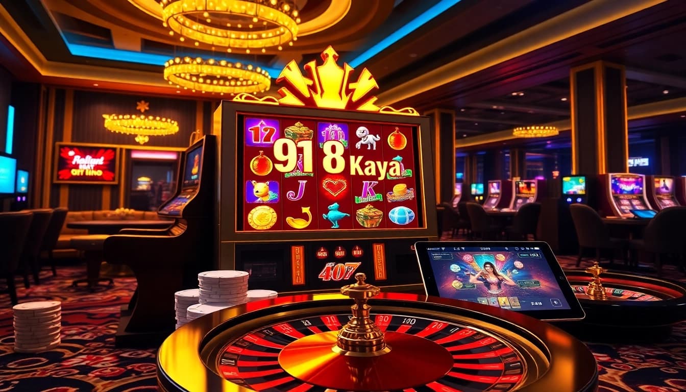 Engaging scene of players enjoying 918Kaya PNG with vibrant slot machines and casino elements.