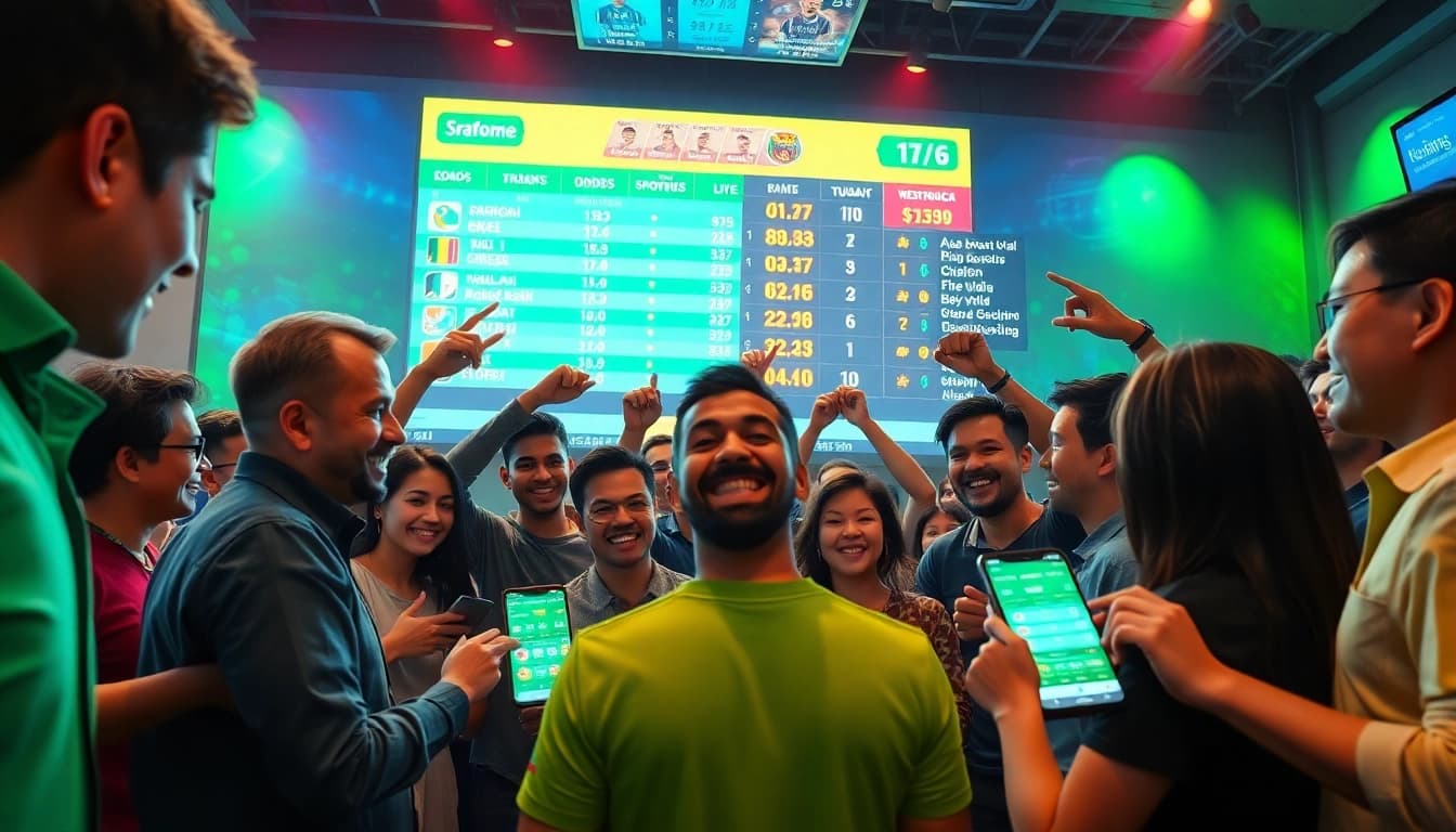Exciting football betting scene showcasing keonhacai platform with diverse bettors.