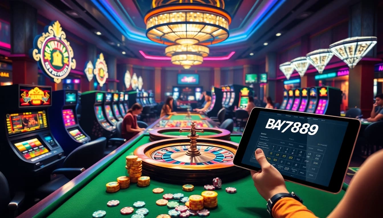 Experience Bay789's thrilling online gaming atmosphere with vibrant casino tables, cards, and dynamic gameplay.