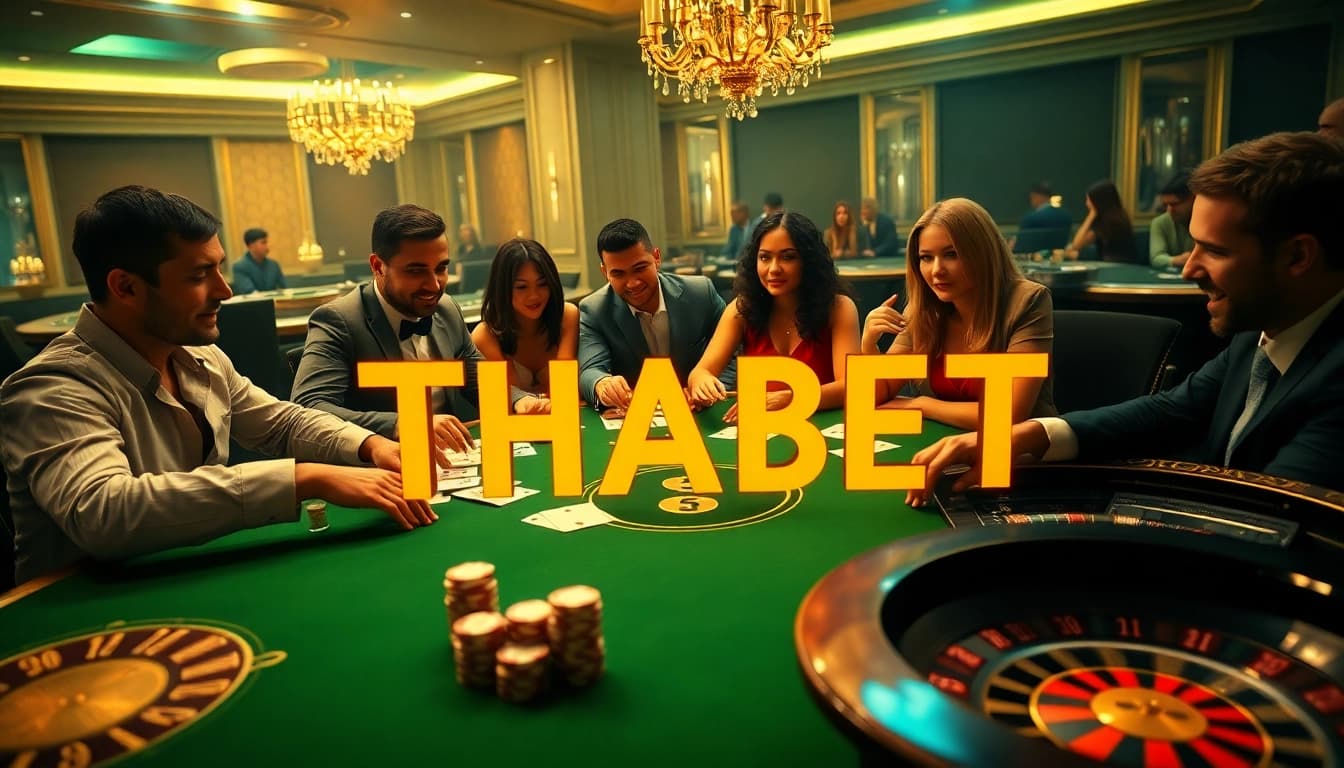 Players enjoying an exciting game at THABET casino, showcasing poker chips and cards.