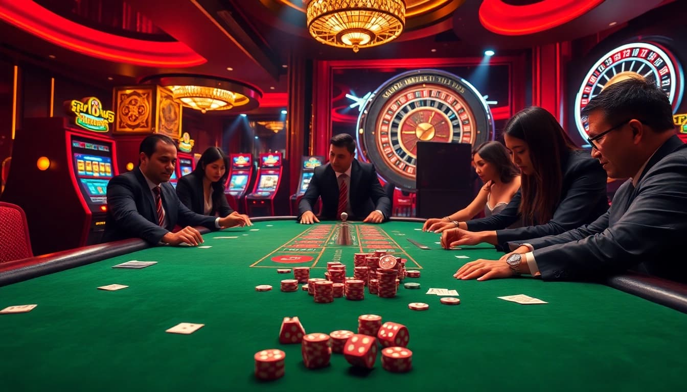 Players enjoying an engaging MK8thai gaming environment with vibrant slot machines and elegant casino tables.