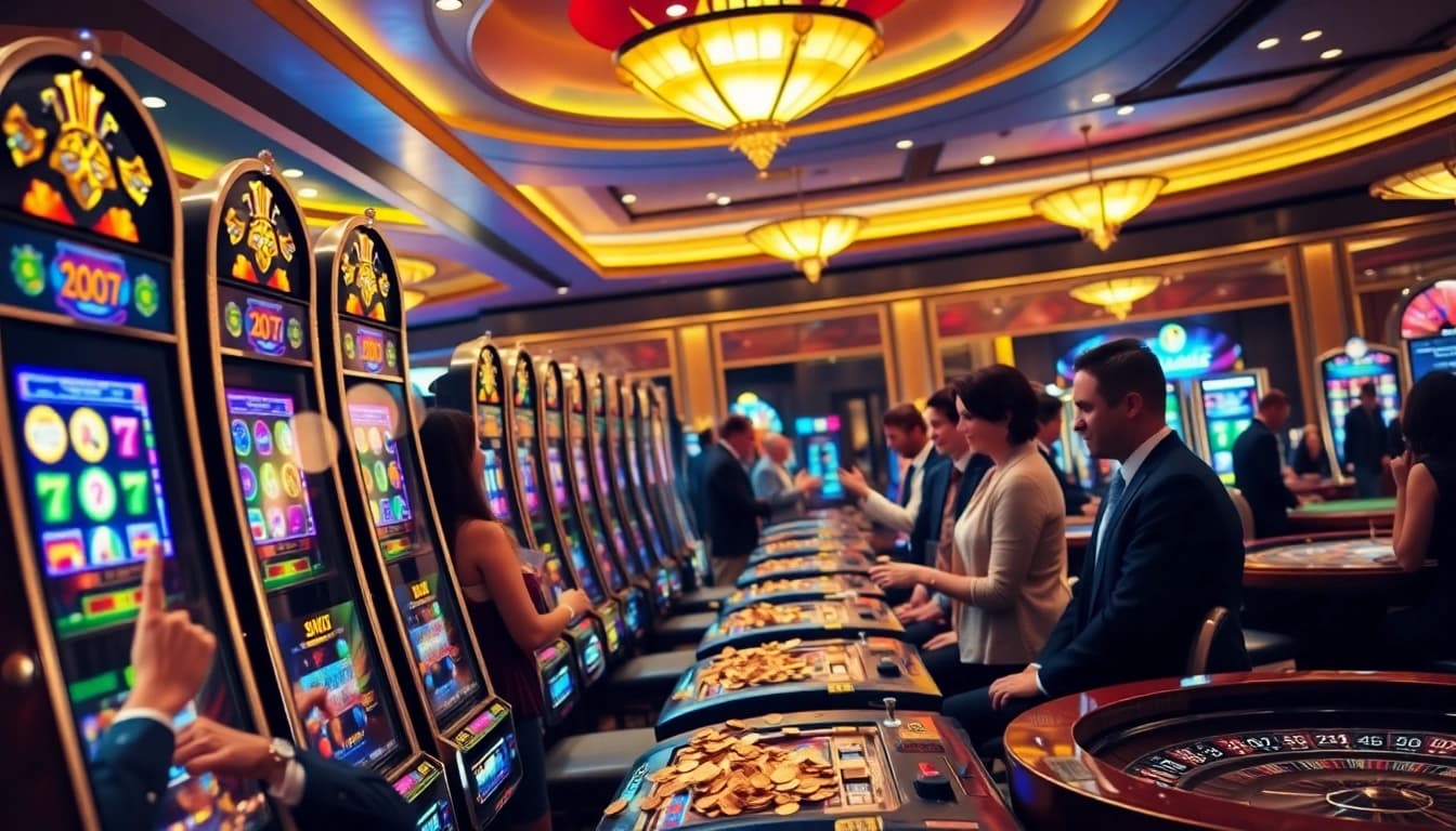 Slots in action with vibrant lights and casino excitement, showcasing gamblers enjoying gameplay.