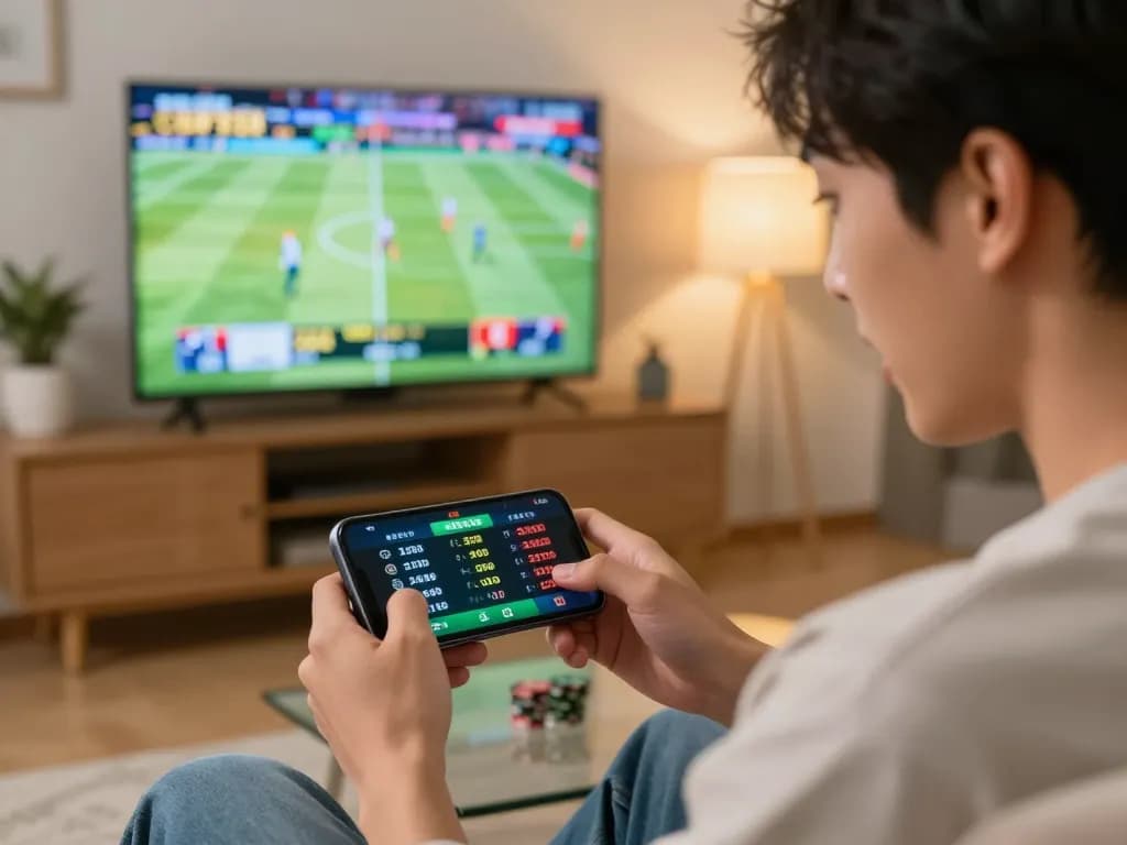 Engaging in sports betting on smartphone while watching live match, 789win com casino experience
