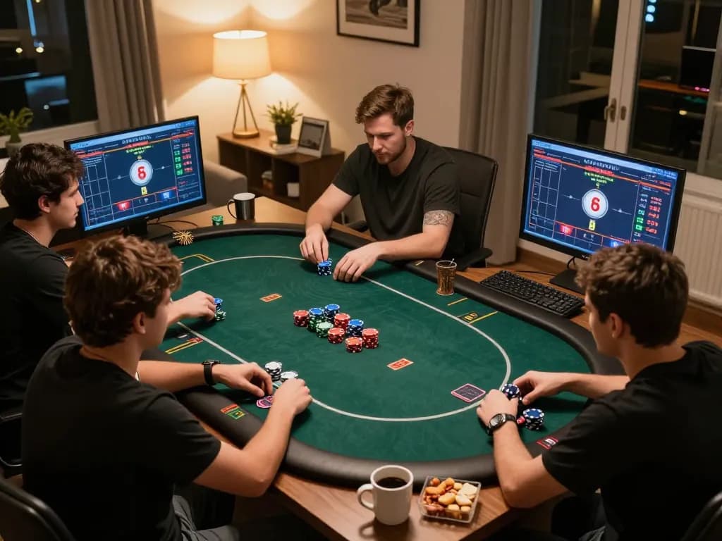 Pemain MPO1221 merencanakan strategi dalam permainan poker rumahan yang mewah dengan laptop dan alat taruhan