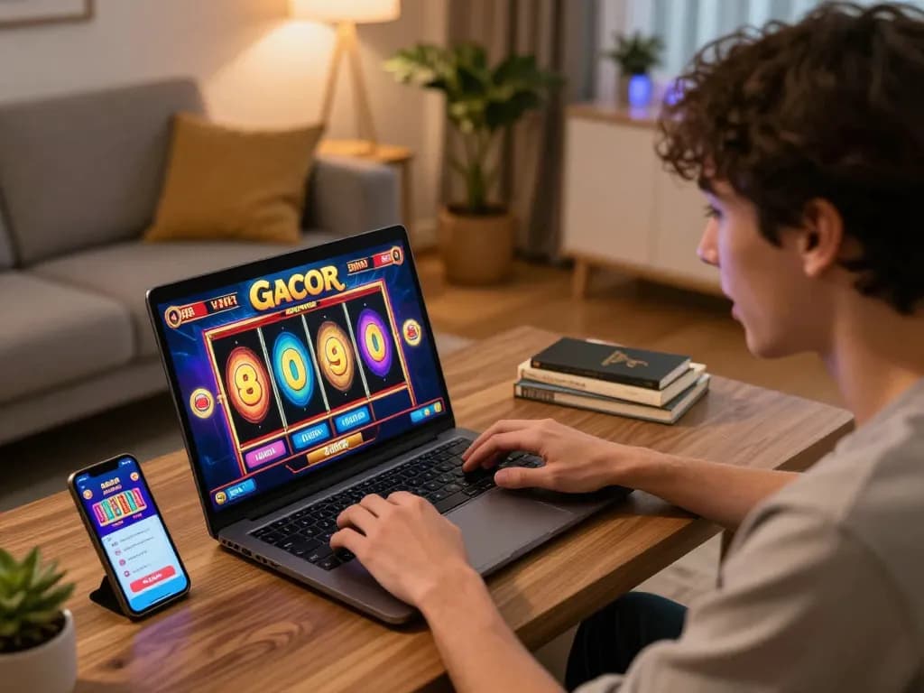 Engaging in a thrilling slot gacor online session with vibrant graphics, showcasing the excitement of home gaming.