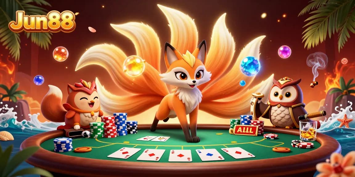 Engage with Jun88’s vibrant online gaming world, showcasing dynamic poker and colorful spirits in action.