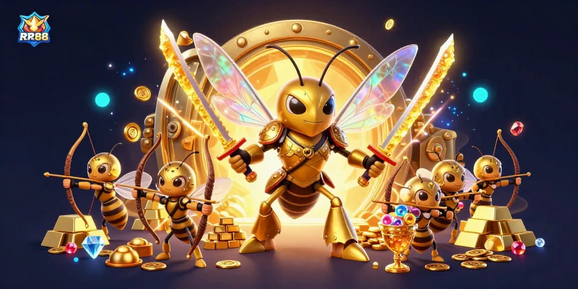 RR88 showcases a vibrant scene with a giant golden hornet and bee archers amidst treasure, creating a captivating casino atmosphere.